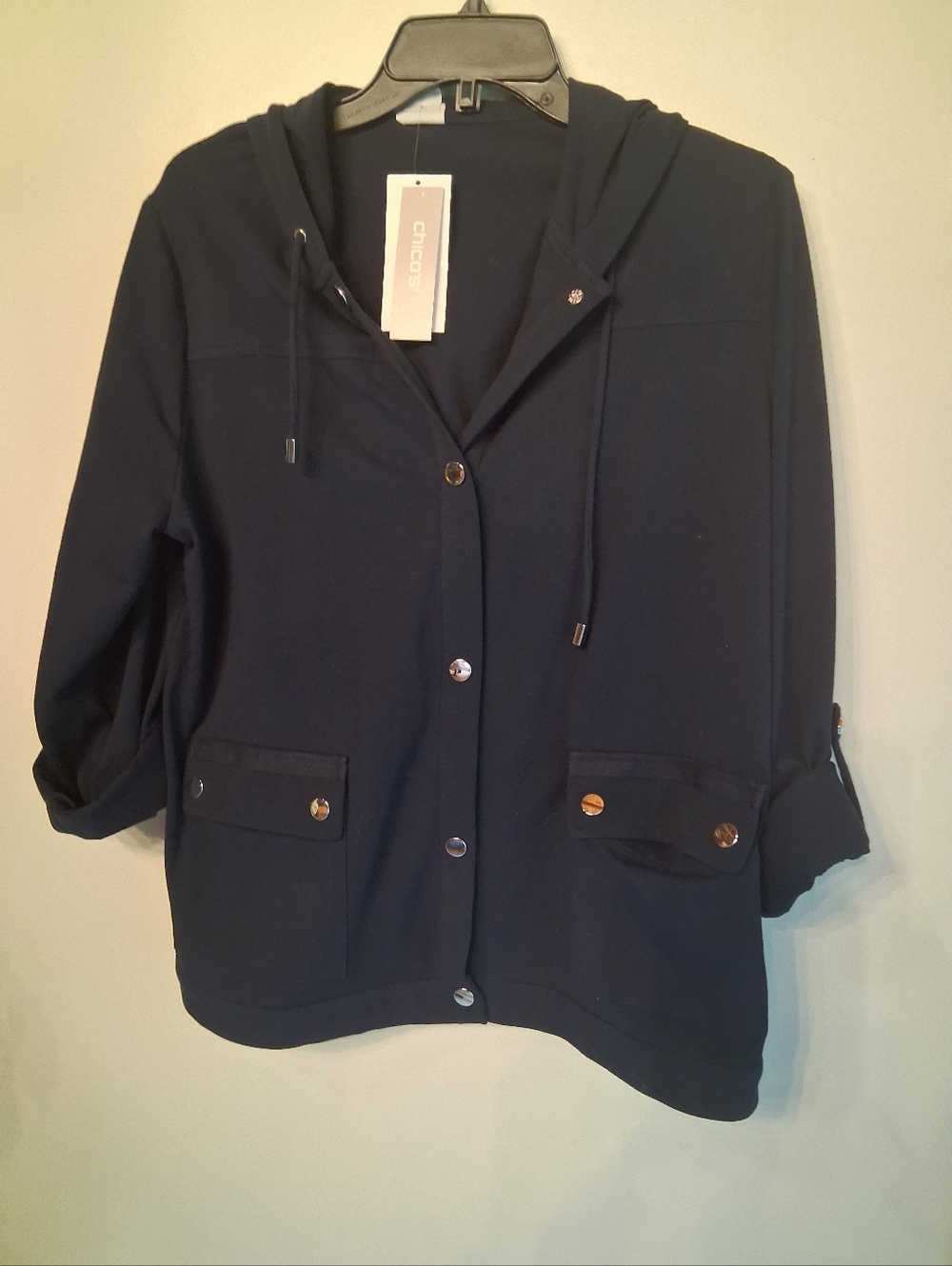 Chico's Dark Navy Hooded Snap-Front Utility Jacket